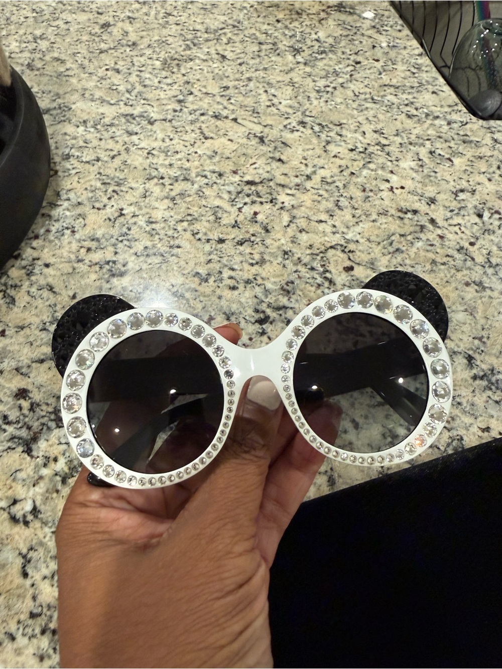 Dolce and Gabbana Panda White Rhinestone Round Sunglasses with Black Lenses